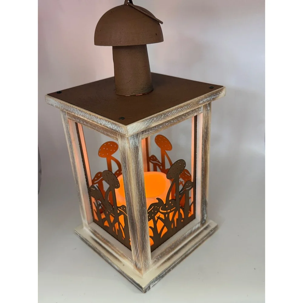 Rustic Mushroom Forest LED Lantern Wood Metal Woodland Flameless Candle New